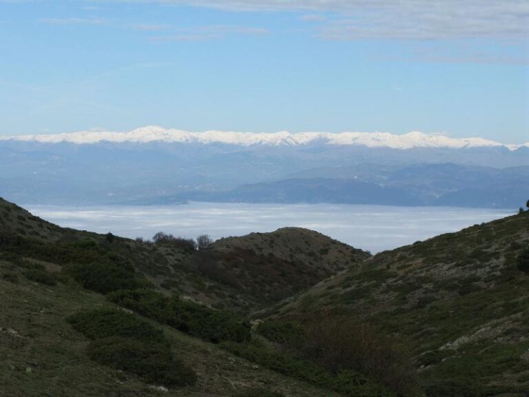 Panoramica dels Pirineus. A la esquerra i mes arrodonit, el Puigmal